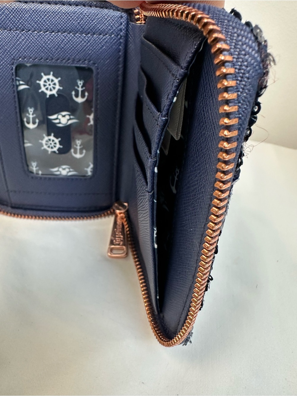 Disney Cruise Line Loungefly Navy Sequin Bow Zip Wallet Rose-Gold Anchor - Picture 9 of 9